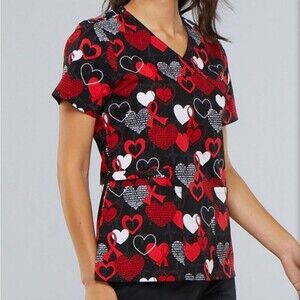 CHEROKEE Women’s Scrub Top Black Red White Heart Awareness Size Large Pockets